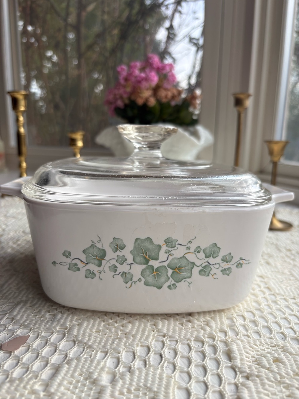Corningware White Ceramic Casserole with Green Floral Pattern and Glass Lid